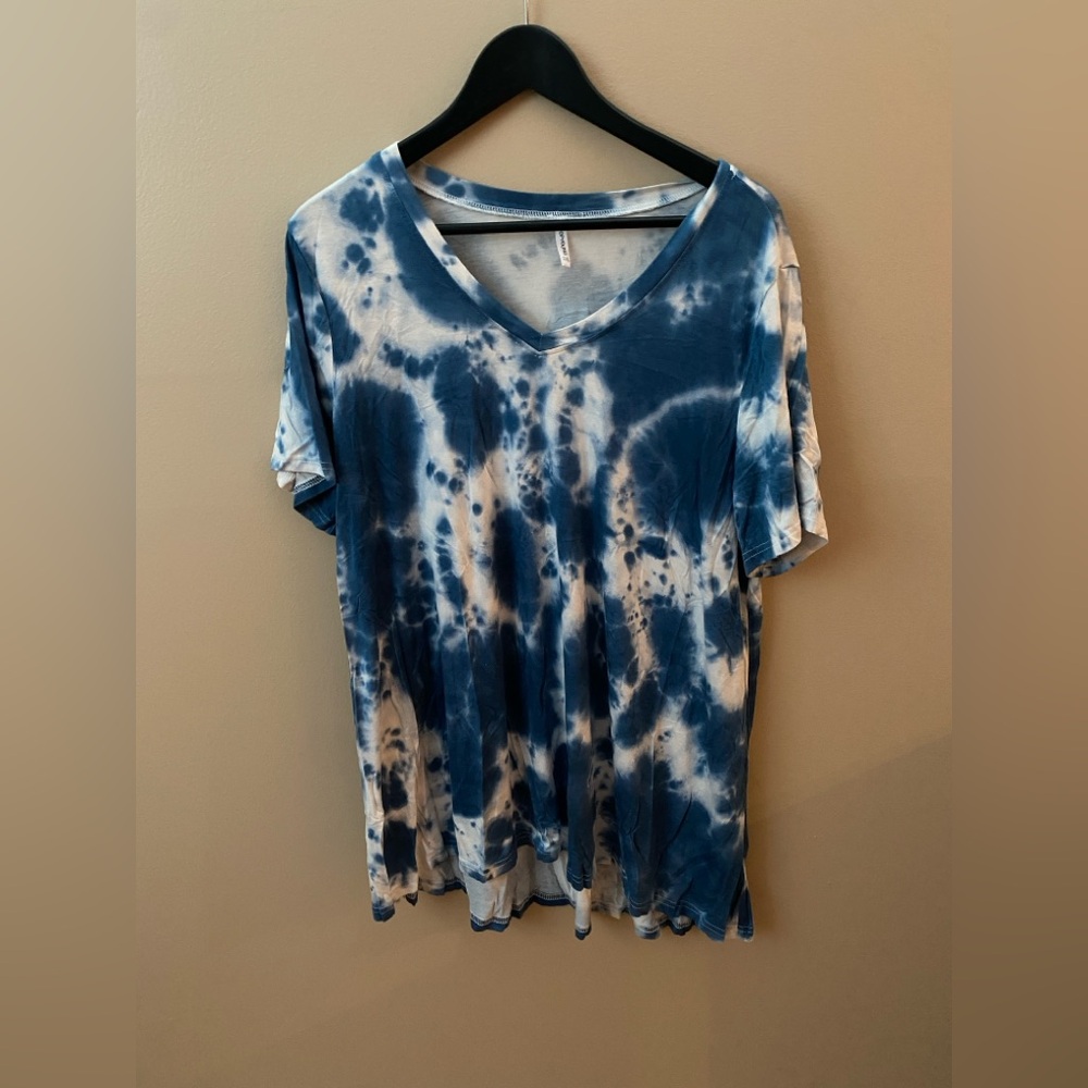 Casual Blue Tie-Dye V-Neck Women's Top